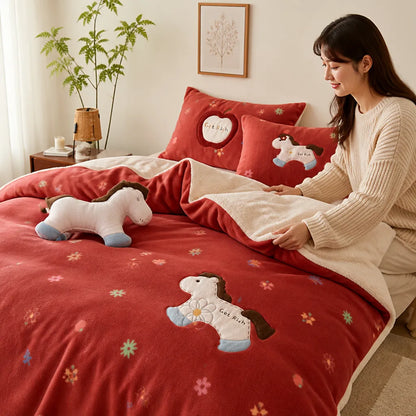 Children's Bedding Set Plush Microfiber Fleece Animal Appliques