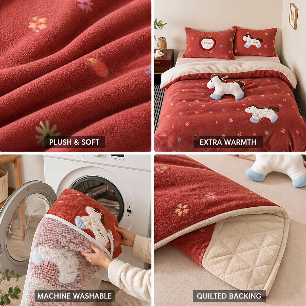 Children's Bedding Set Plush Microfiber Fleece Animal Appliques