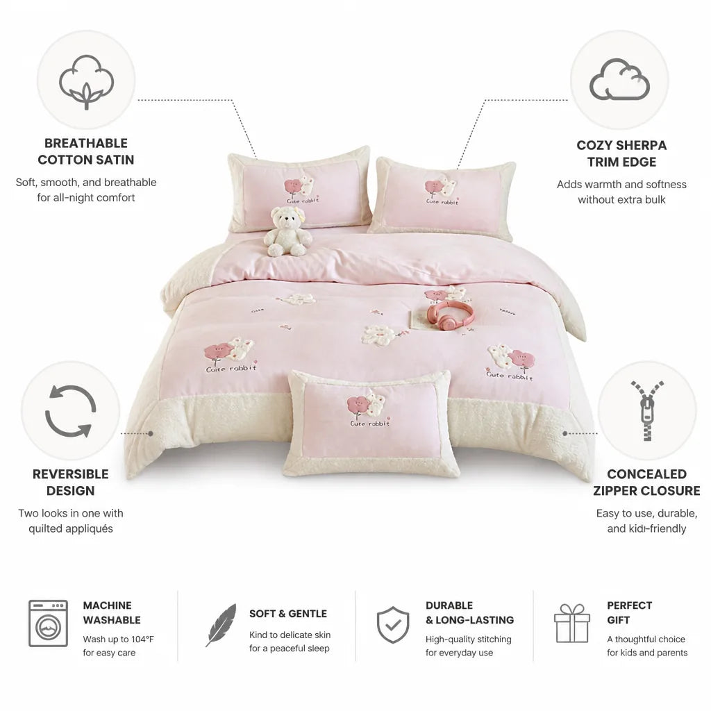 Children's Duvet Cover Set Reversible Cotton Satin Sherpa Trim