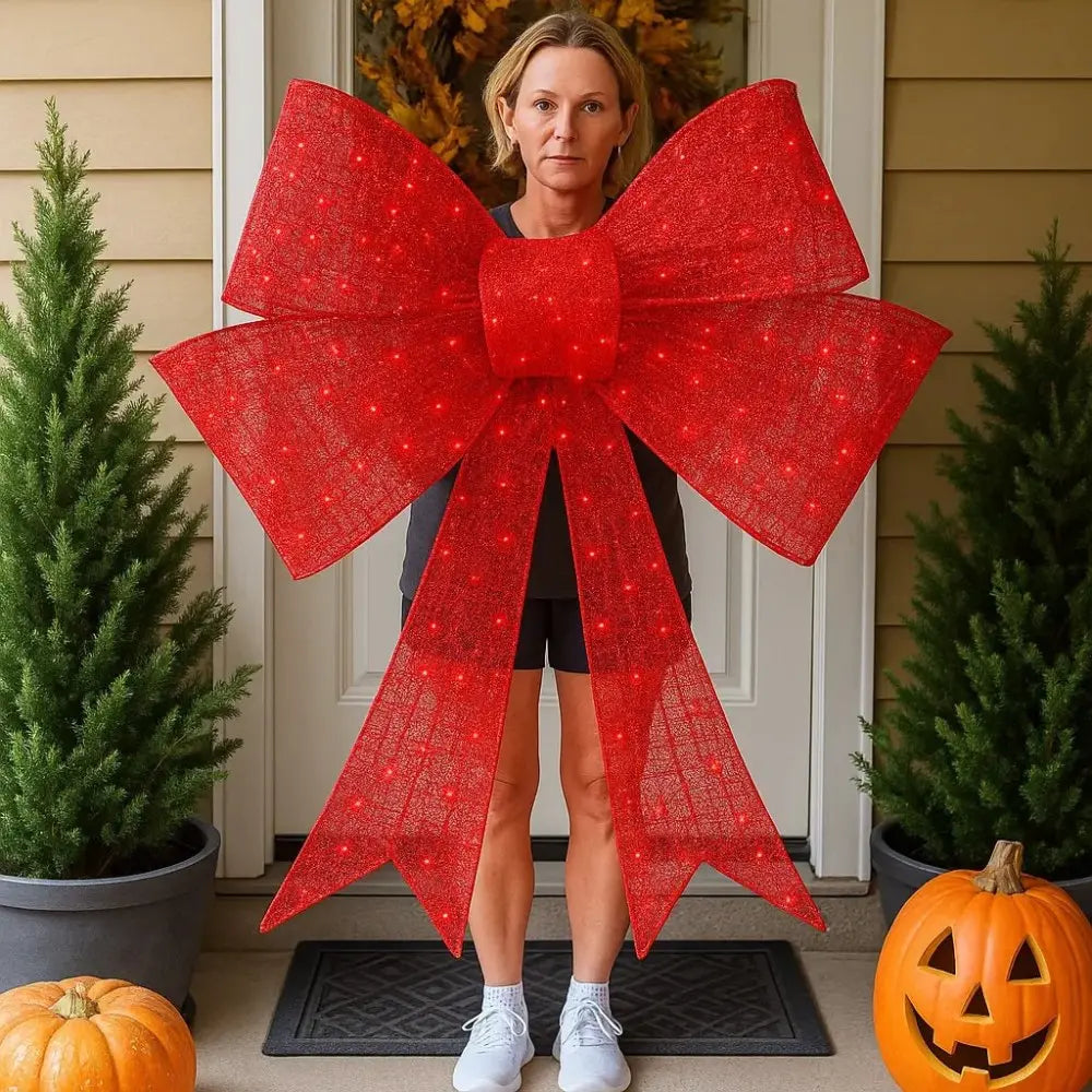 Christmas Bow Decoration Red LED Eight Modes Timer