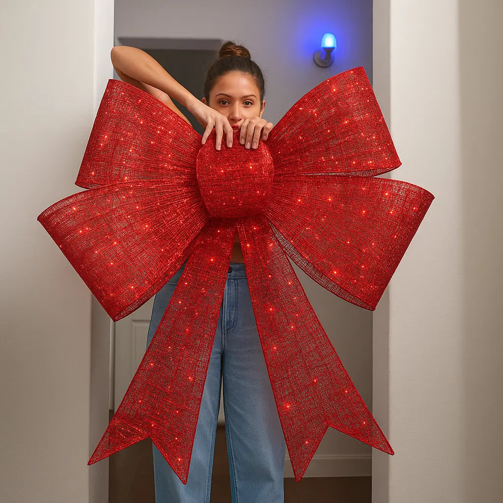 Christmas Bow Decoration Red LED Eight Modes Timer