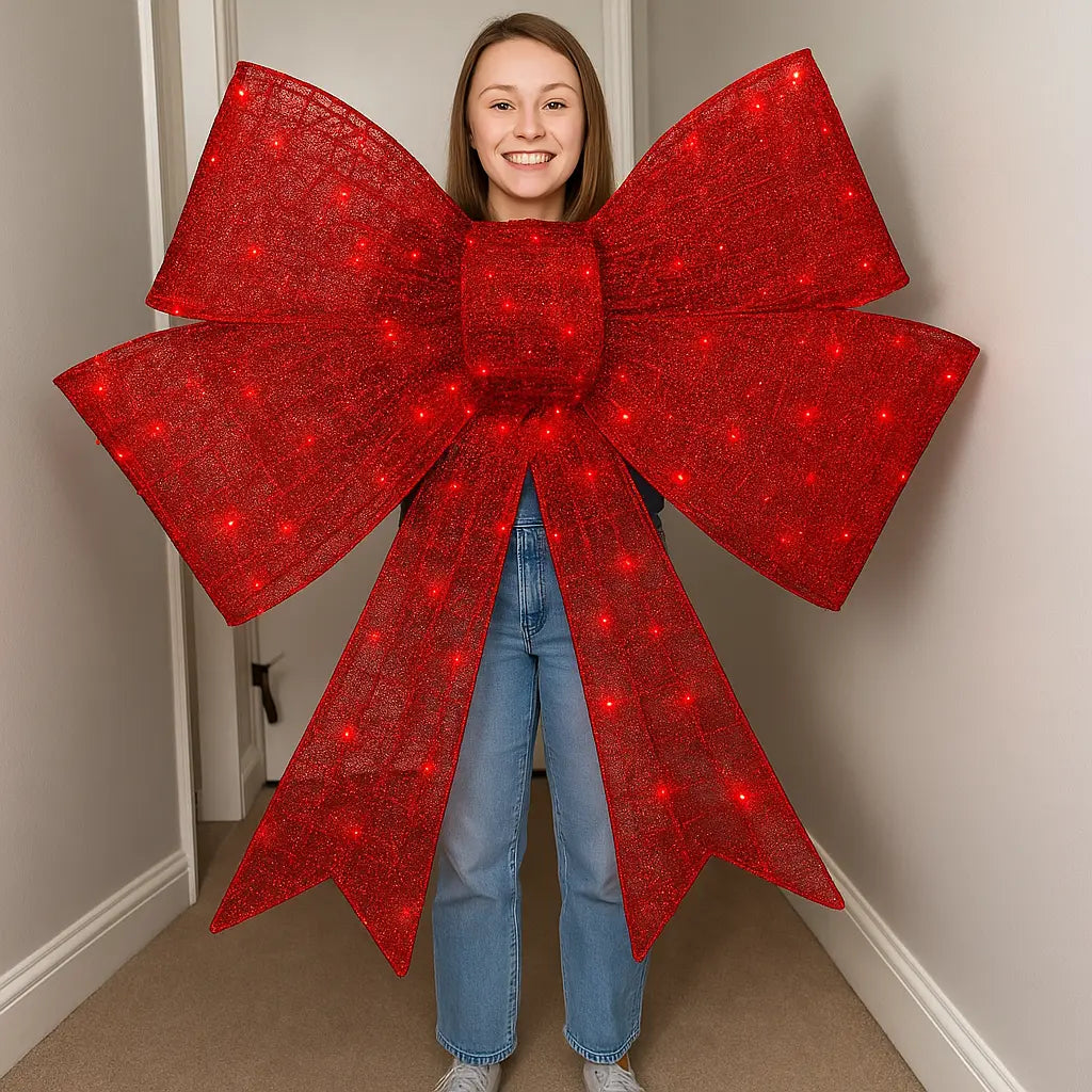 Christmas Bow Decoration Red LED Eight Modes Timer