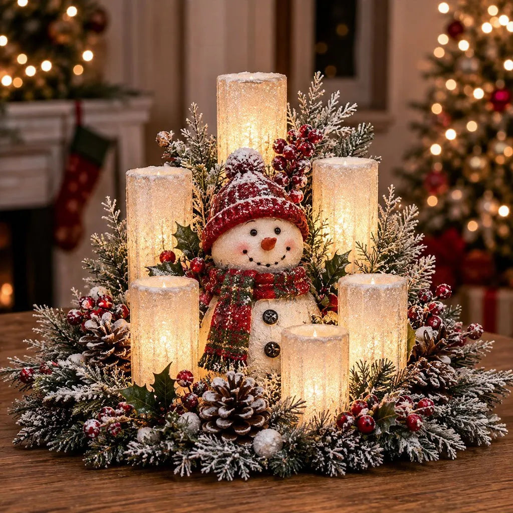 Christmas Centerpiece Flameless Candle Glow Evergreen Foliage