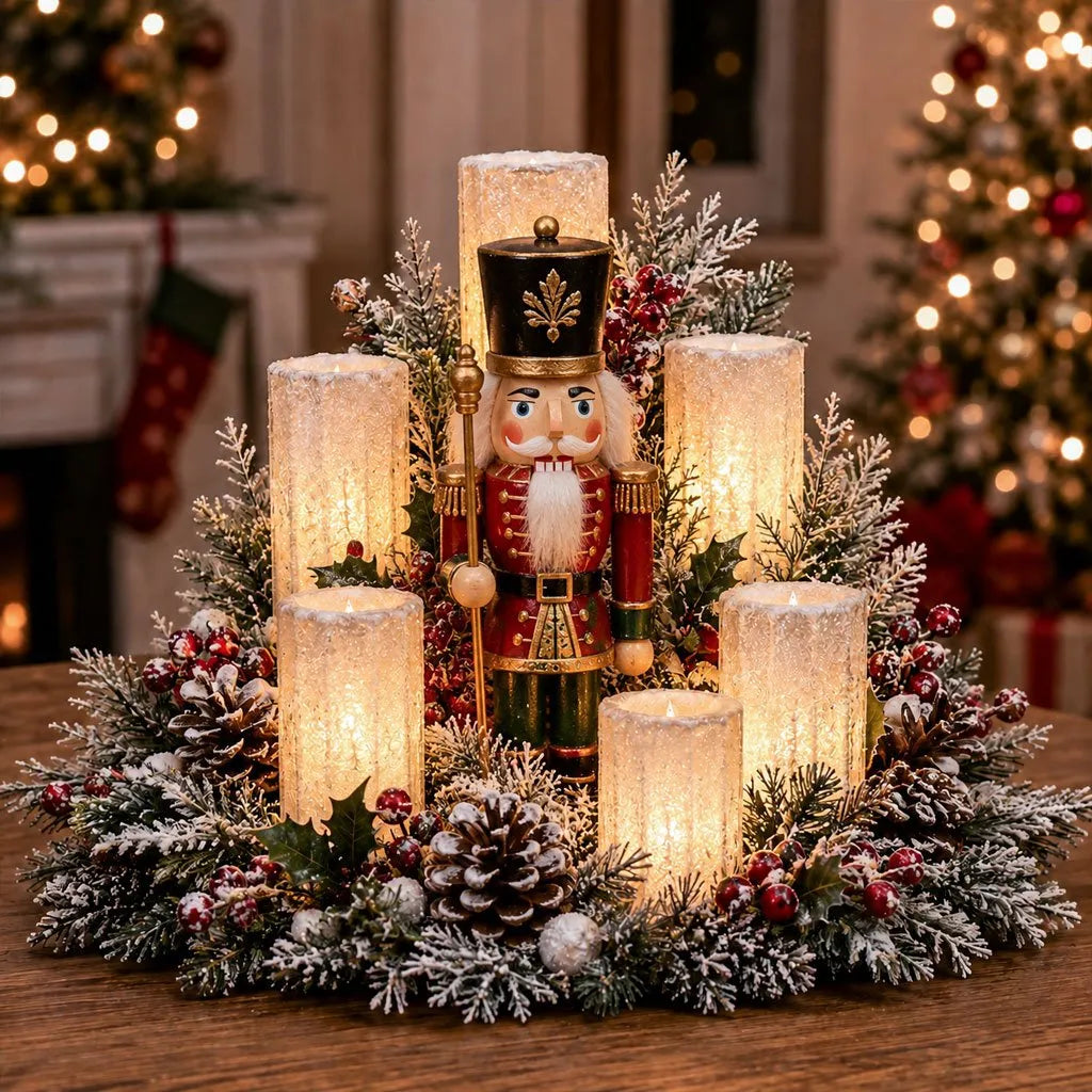 Christmas Centerpiece Flameless Candle Glow Evergreen Foliage