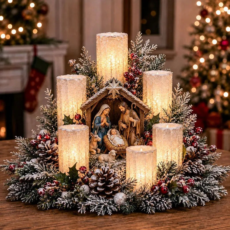 Christmas Centerpiece Flameless Candle Glow Evergreen Foliage