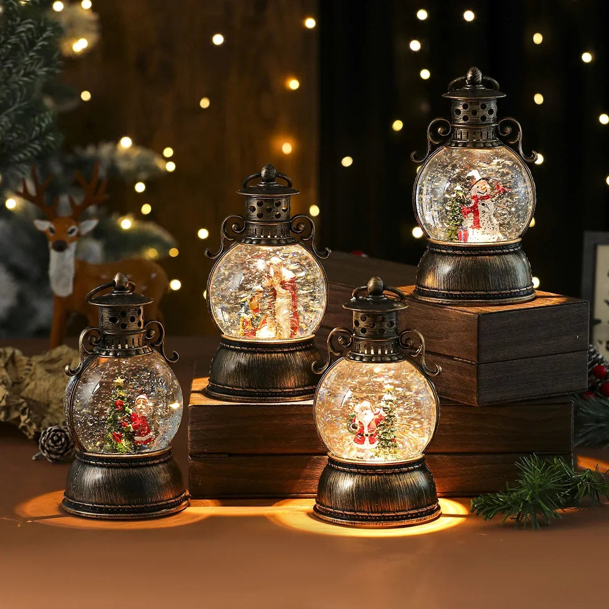Christmas Lantern Glass Dome Warm LED Battery Operated