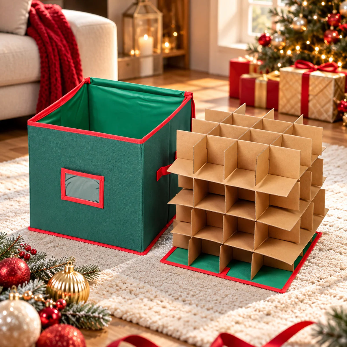 Christmas Ornament Storage Box Adjustable Dividers & Clear Window