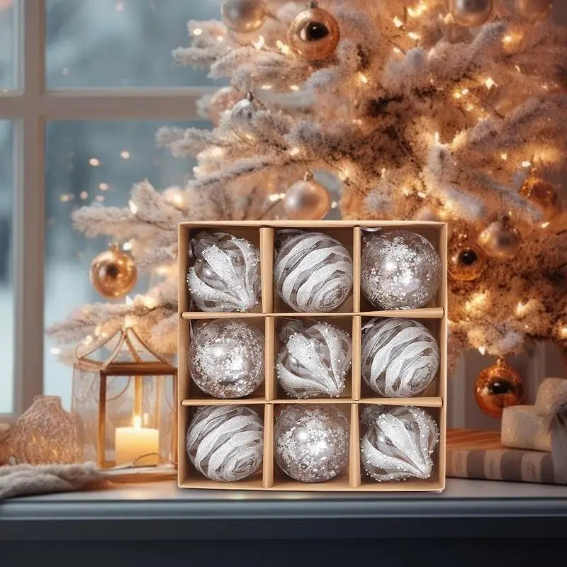 Christmas Ornaments Set Of 9 Ready-To-Hang Baubles & Snowflakes