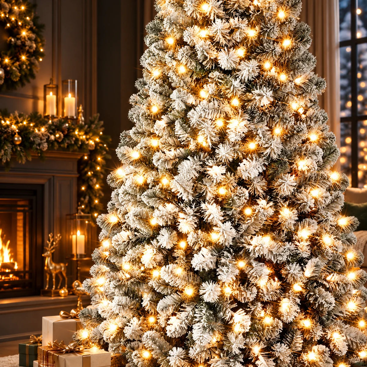 Christmas Tree Pre-Lit Snow Flocked Hinged Branches