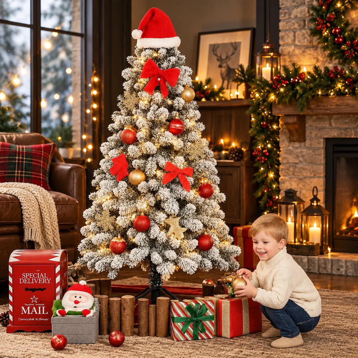 Christmas Tree Pre-Lit Snow Flocked Hinged Branches