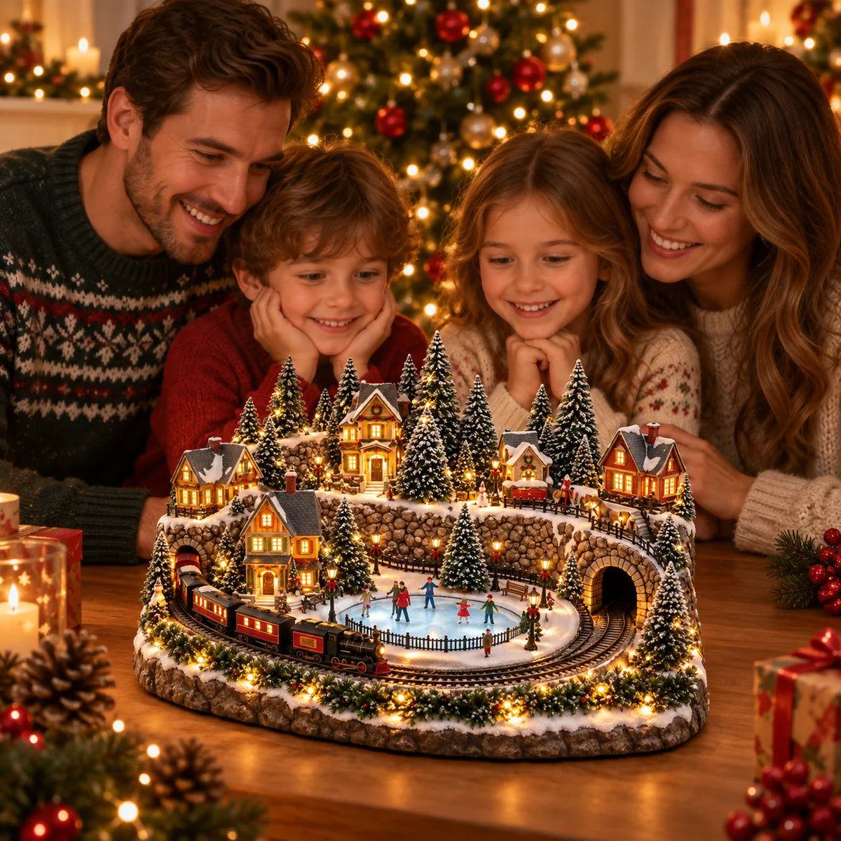 Christmas Village Decoration Moving Train Warm Lights & Music