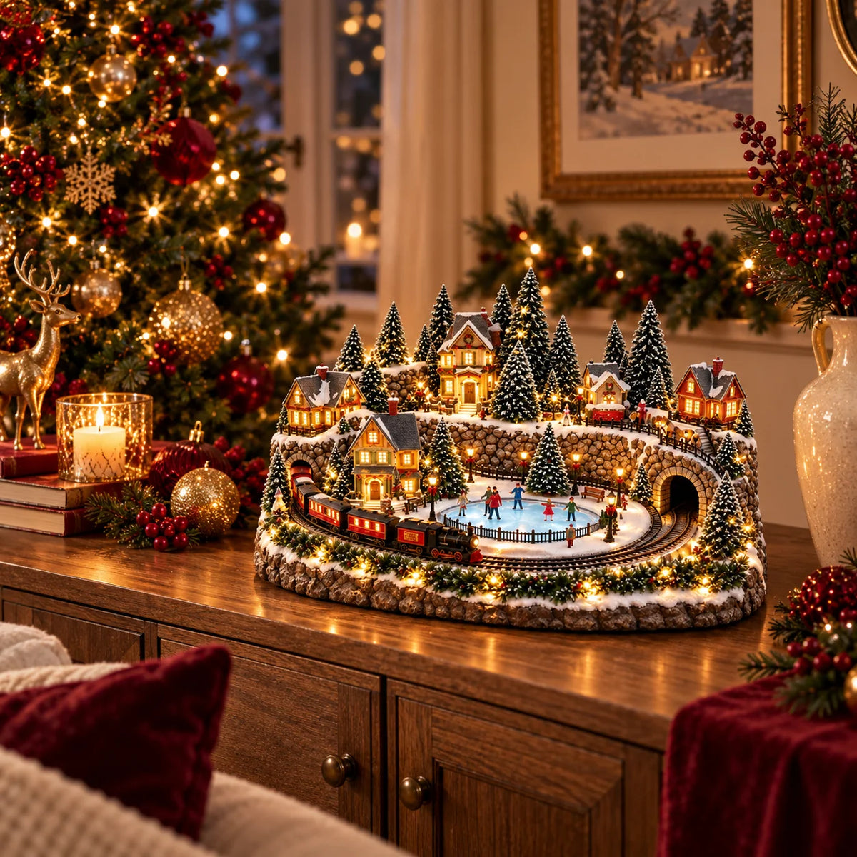 Christmas Village Decoration Moving Train Warm Lights & Music