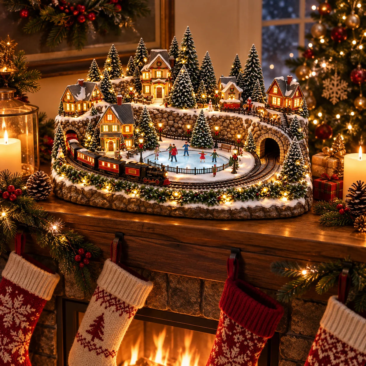 Christmas Village Decoration Moving Train Warm Lights & Music