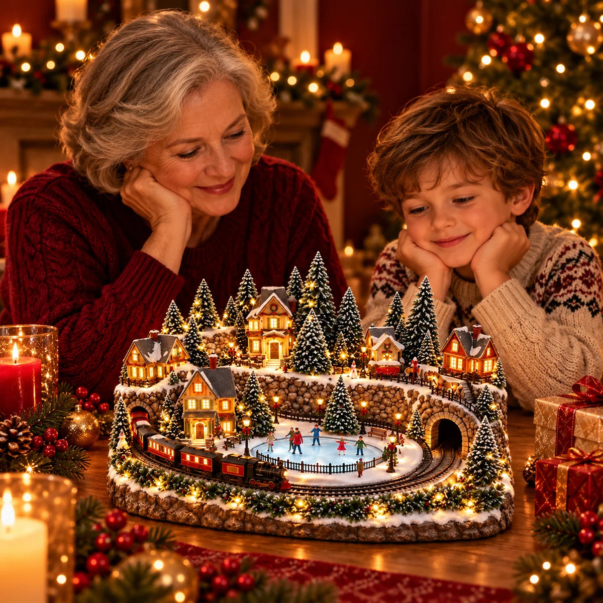 Christmas Village Decoration Moving Train Warm Lights & Music