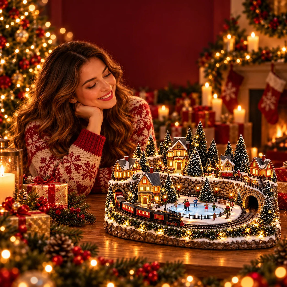 Christmas Village Decoration Moving Train Warm Lights & Music