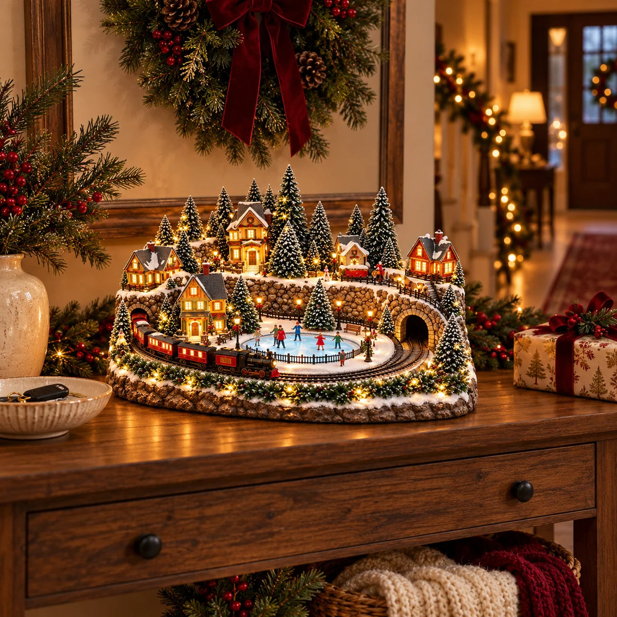 Christmas Village Decoration Moving Train Warm Lights & Music