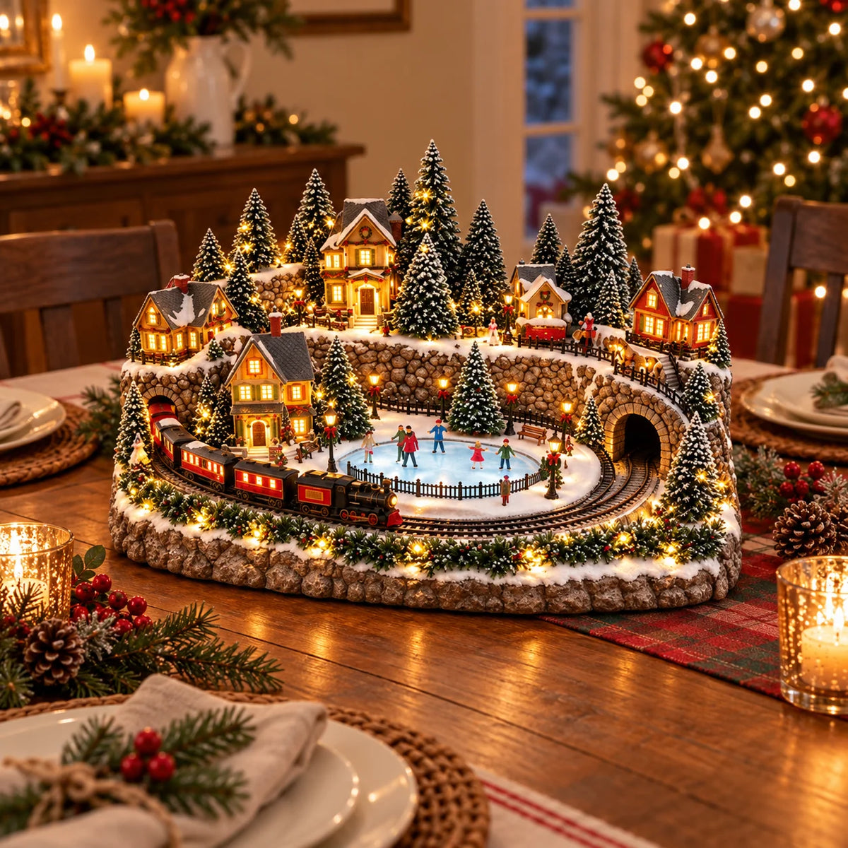 Christmas Village Decoration Moving Train Warm Lights & Music