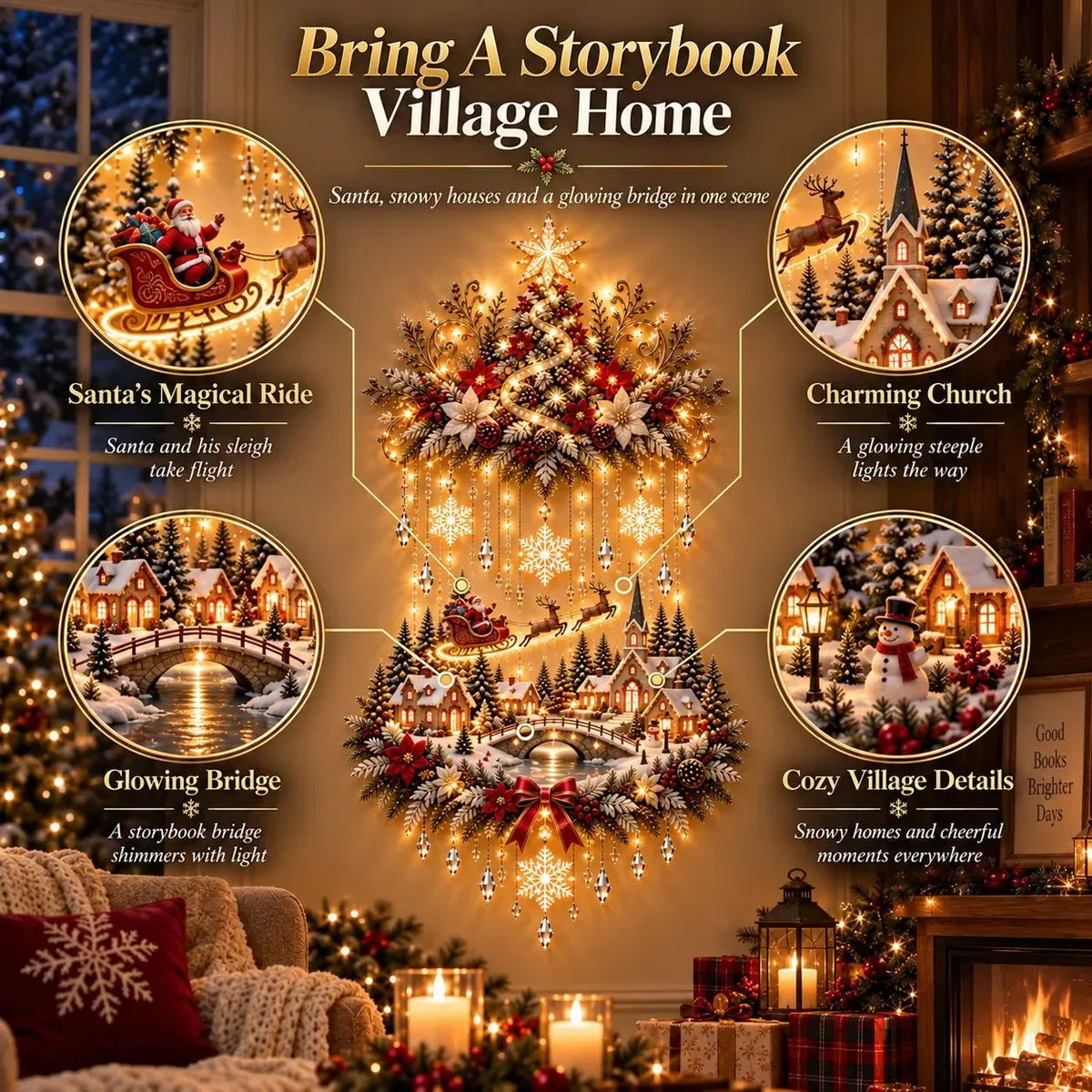 Christmas Wall Hanging Snowy Village Warm LED Lights