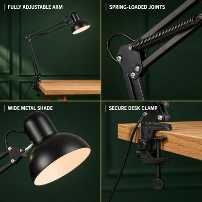 Clip-On Desk Lamp Adjustable Swing Arm & Pivoting Head