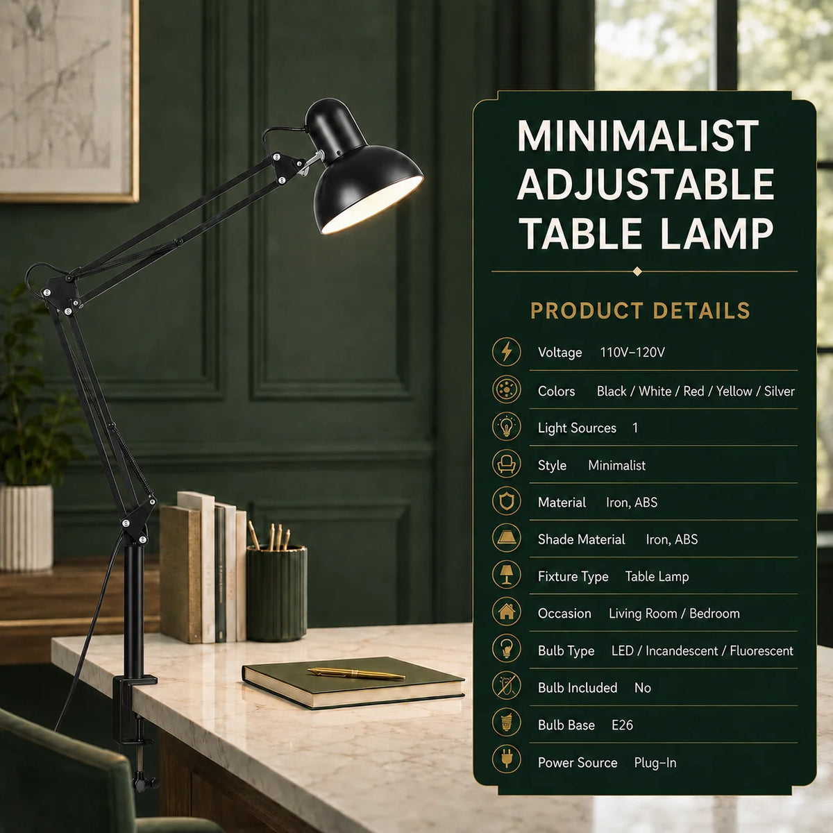 Clip-On Desk Lamp Adjustable Swing Arm & Pivoting Head