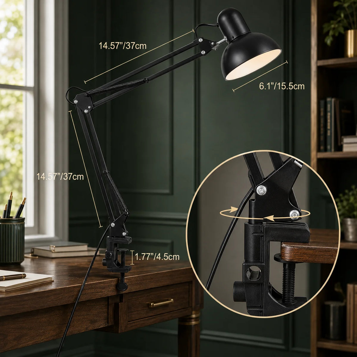 Clip-On Desk Lamp Adjustable Swing Arm & Pivoting Head