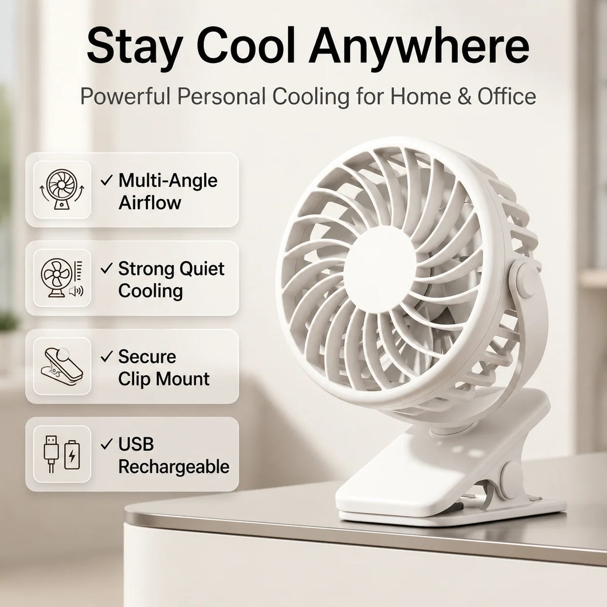 Clip-On Fan USB Rechargeable 3-Speed Adjustable Tilt