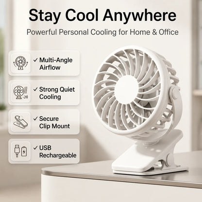 Clip-On Fan USB Rechargeable 3-Speed Adjustable Tilt