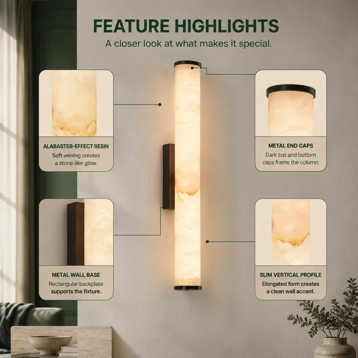 Column Wall Sconce Slim Vertical Integrated LED Stone-Effect Resin
