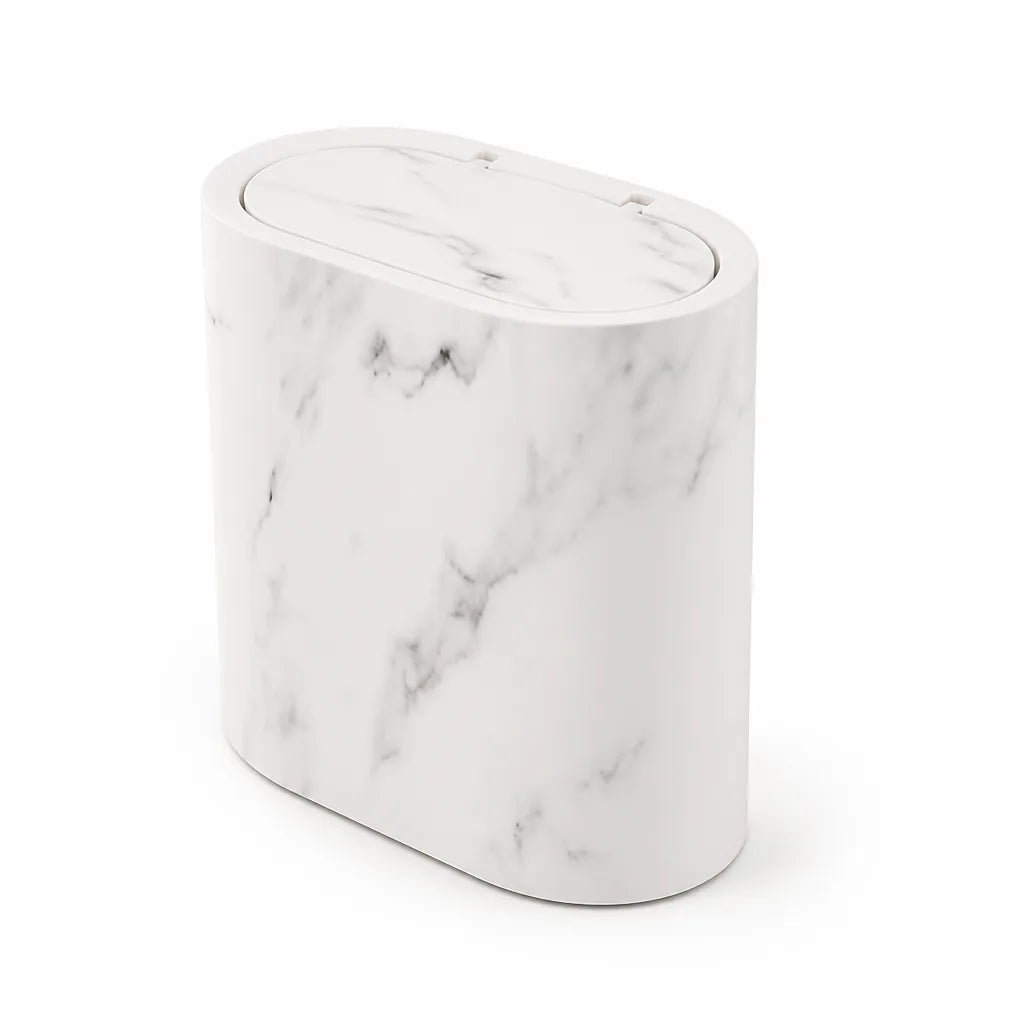 Compact Marble-Look Oval Waste Bin with Matching Lid