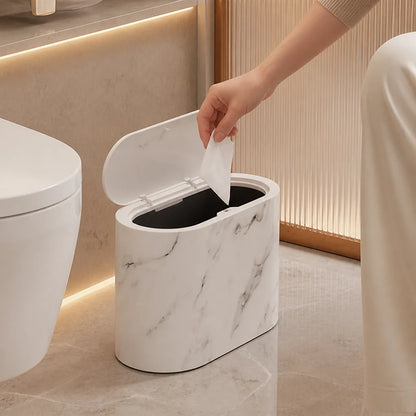 Compact Marble-Look Oval Waste Bin with Matching Lid