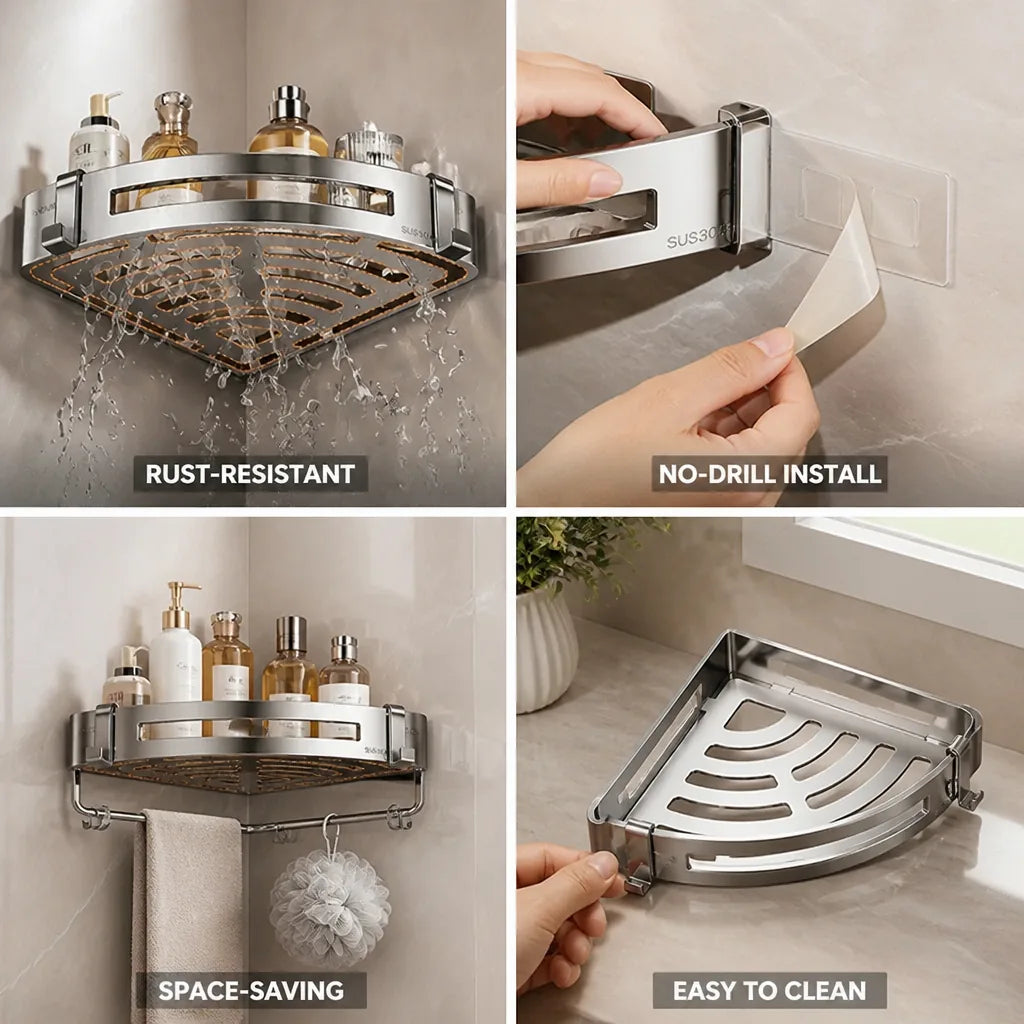 Corner Shower Basket 304 Stainless Steel No-Drill Mount