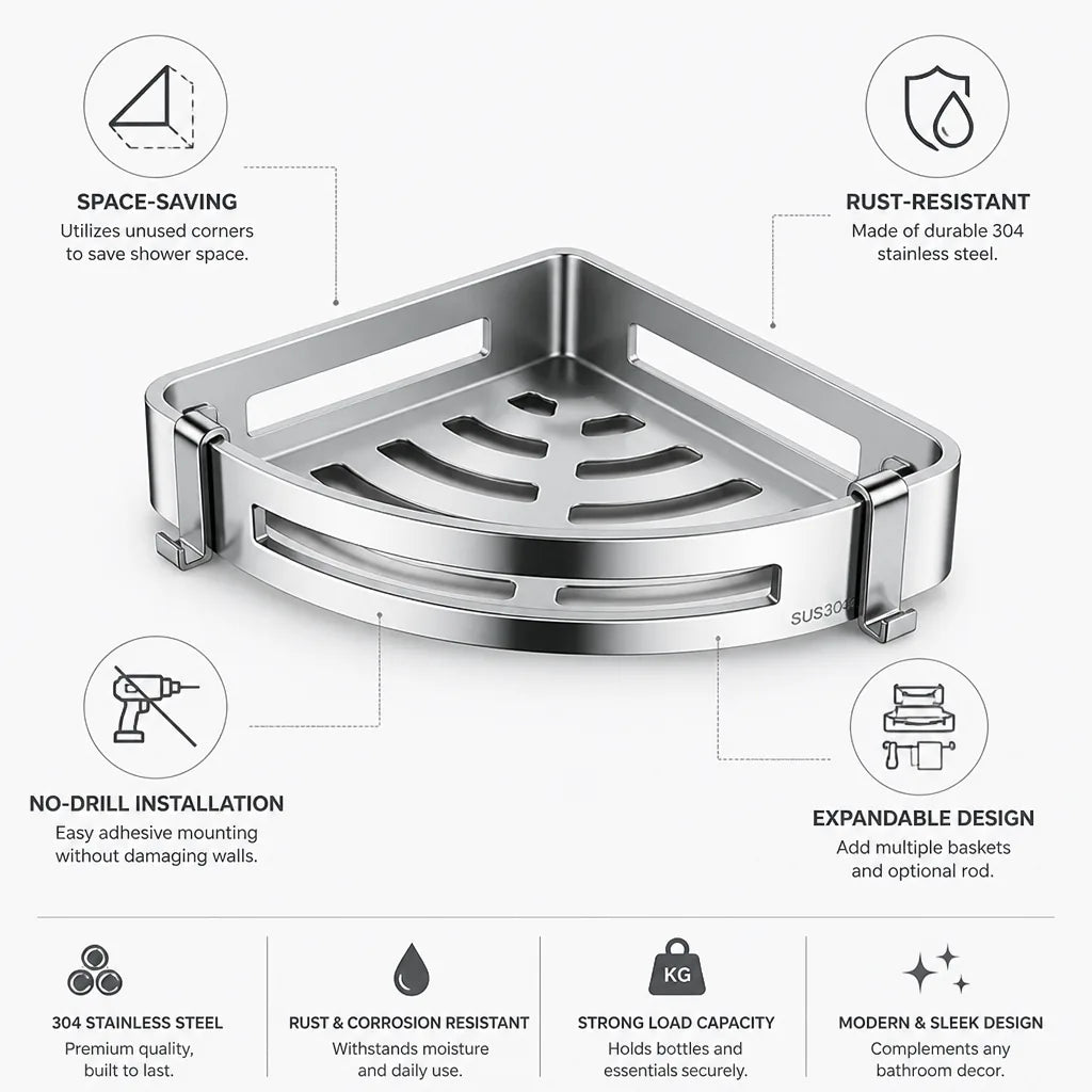 Corner Shower Basket 304 Stainless Steel No-Drill Mount