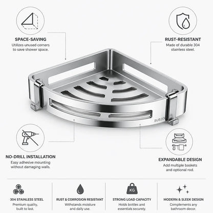 Corner Shower Basket 304 Stainless Steel No-Drill Mount