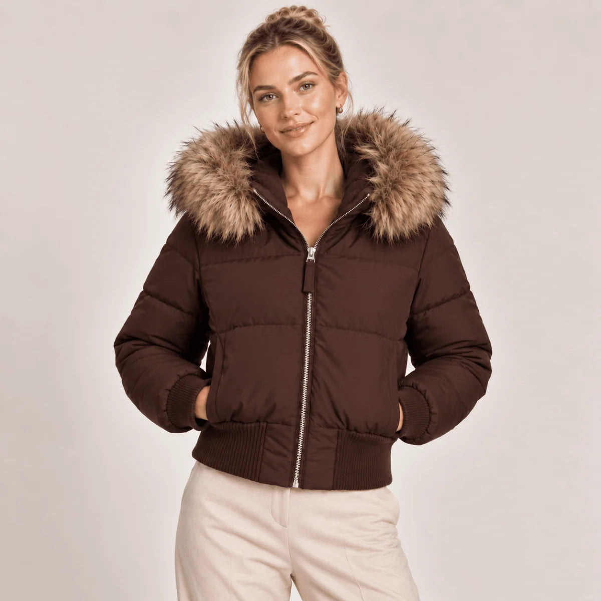 Cropped Puffer Jacket Quilted Faux Fur Hood Side Pockets