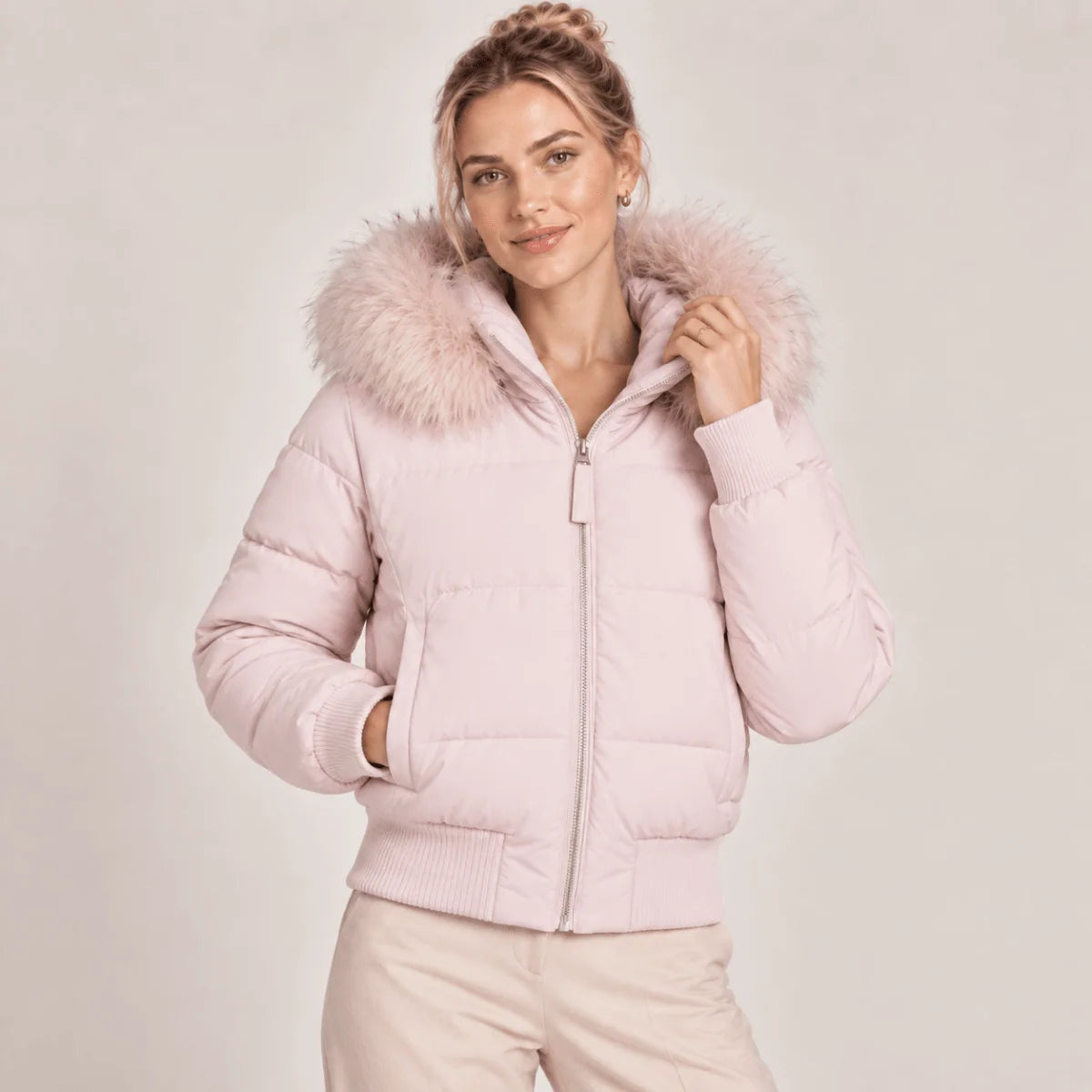 Cropped Puffer Jacket Quilted Faux Fur Hood Side Pockets