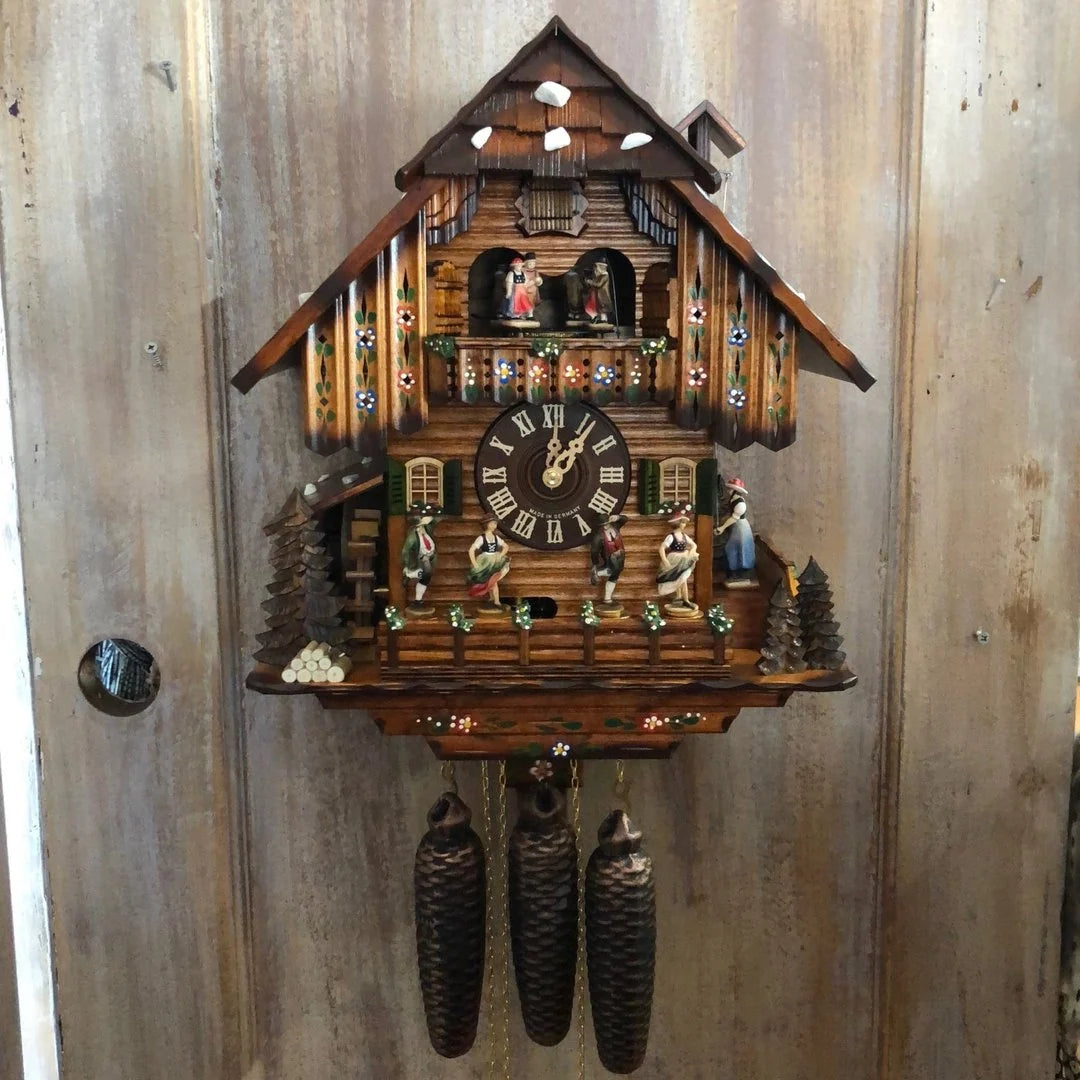 Cuckoo Clock Hand-Painted Chalet Design Moving Figures & Pendulum