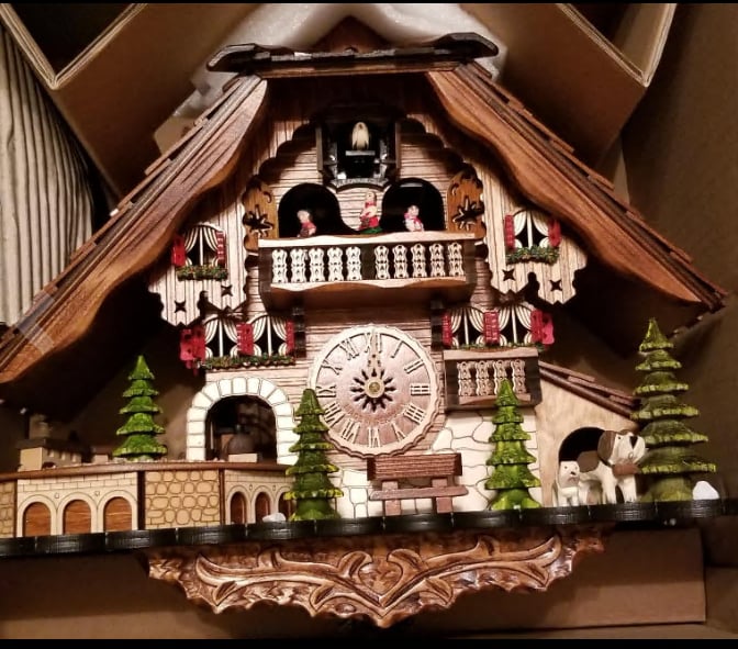 Cuckoo Clock Hand-Painted Chalet Design Moving Figures & Pendulum