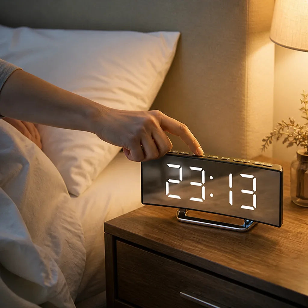 Curved LED Mirror Digital Alarm Clock (12/24-Hour & Temperature Display)