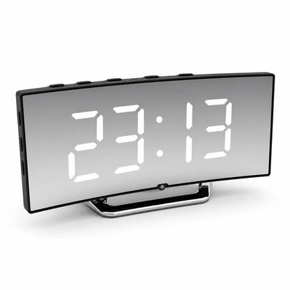 Curved LED Mirror Digital Alarm Clock (12/24-Hour & Temperature Display)