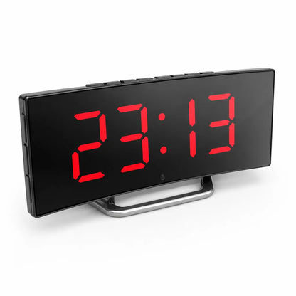 Curved LED Mirror Digital Alarm Clock (12/24-Hour & Temperature Display)