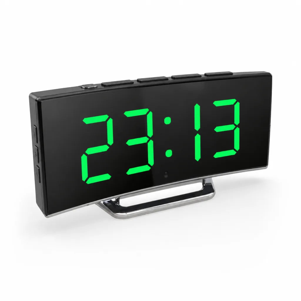 Curved LED Mirror Digital Alarm Clock (12/24-Hour & Temperature Display)