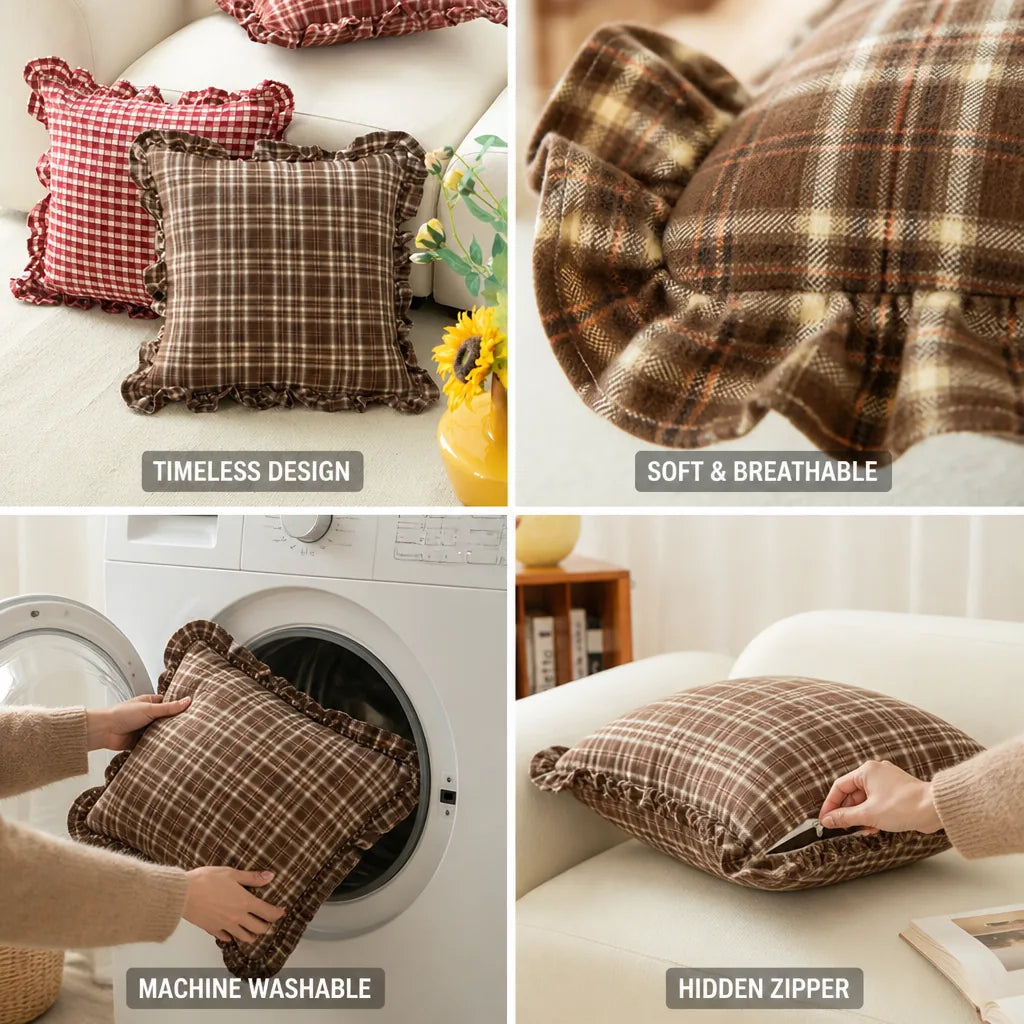Cushion Cover Gingham Check Ruffle Edge 18 x 18