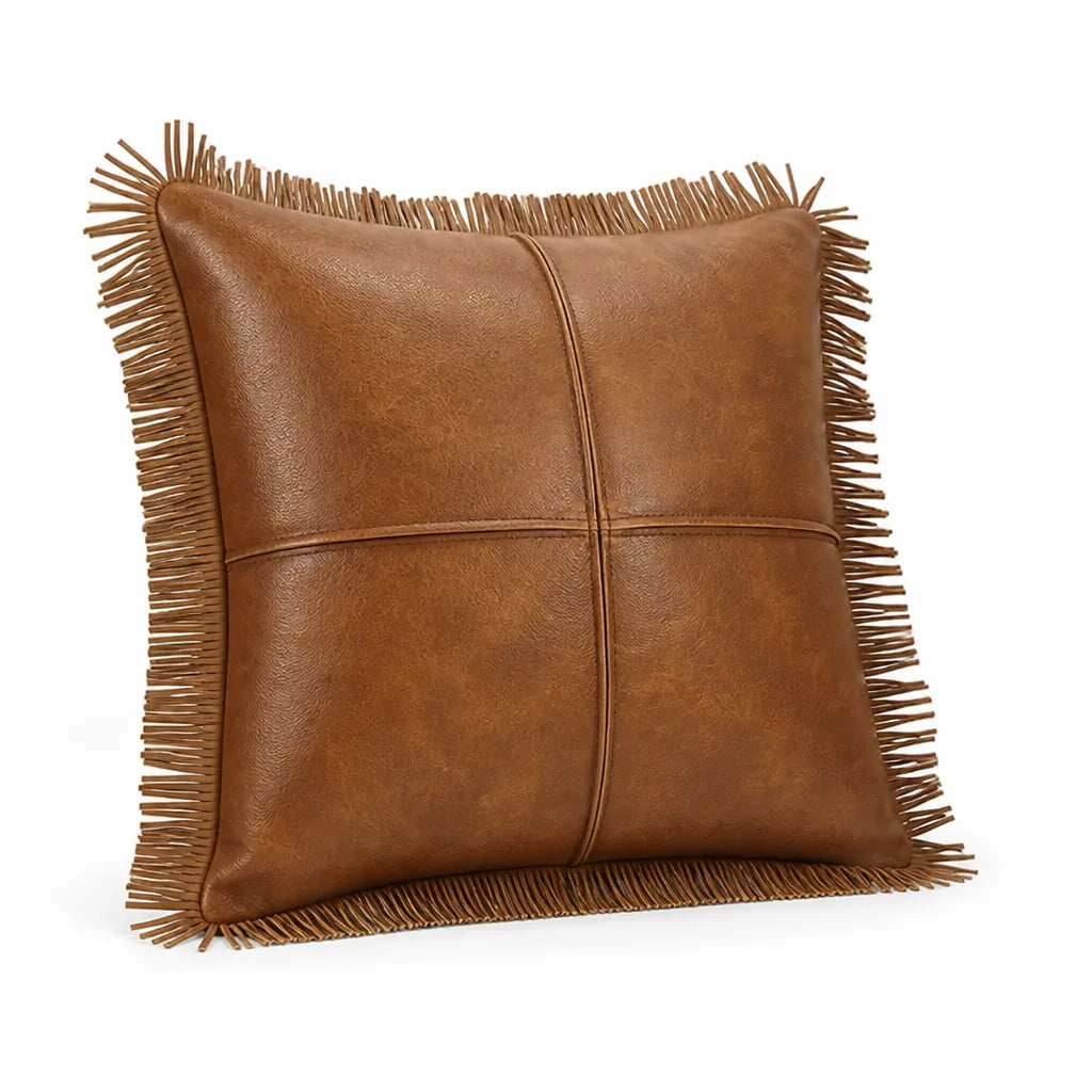 Cushion Cover Oil-Waxed Faux Leather Fringe