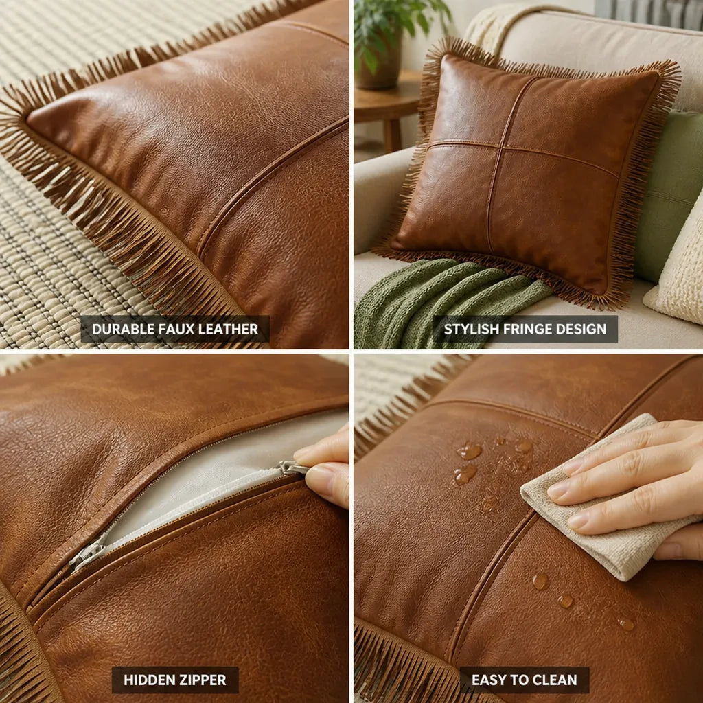 Cushion Cover Oil-Waxed Faux Leather Fringe