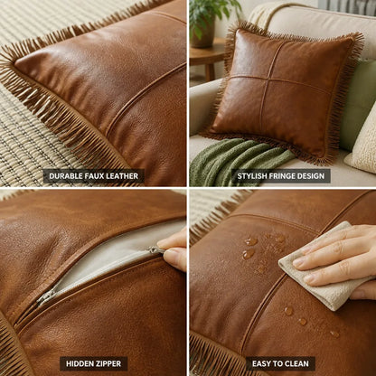 Cushion Cover Oil-Waxed Faux Leather Fringe