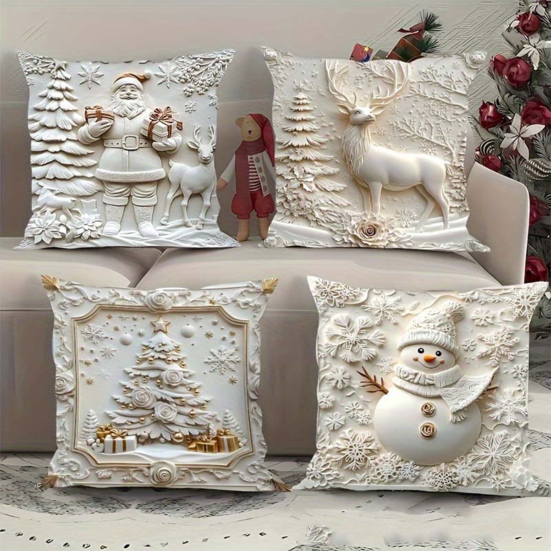 Cushion Covers 4-Piece Christmas 3D Designs Soft Fabric
