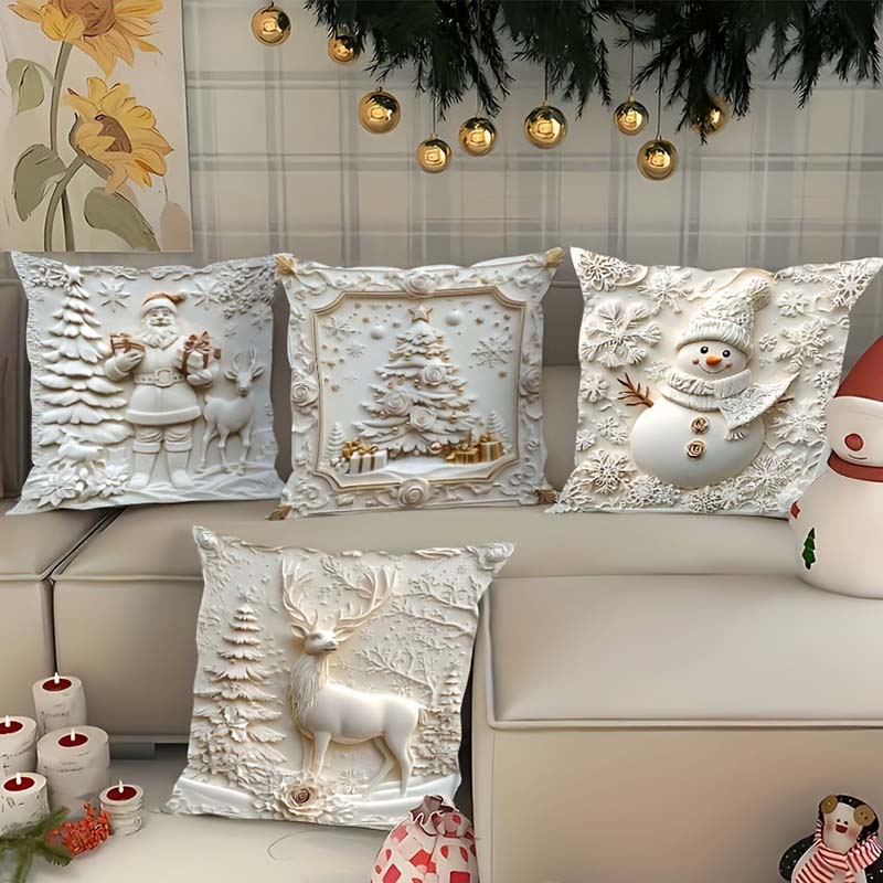 Cushion Covers 4-Piece Christmas 3D Designs Soft Fabric