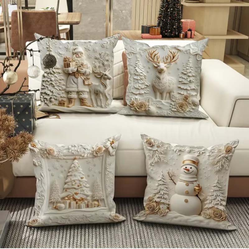 Cushion Covers 4-Piece Christmas 3D Designs Soft Fabric