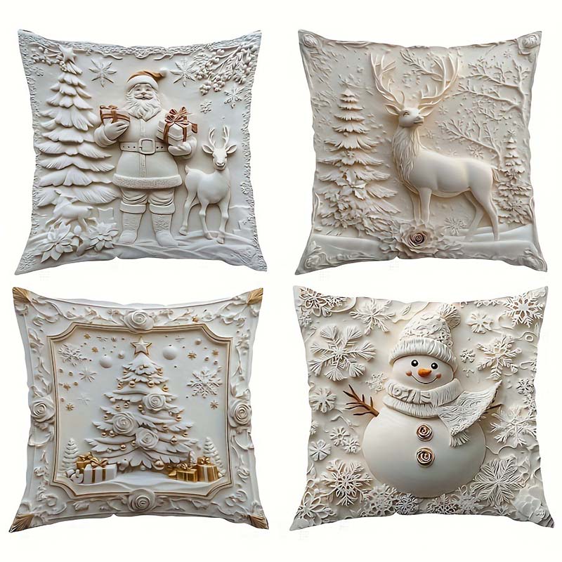 Cushion Covers 4-Piece Christmas 3D Designs Soft Fabric