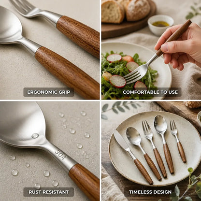 Cutlery Set 304 Stainless Steel Ergonomic Wooden Handles